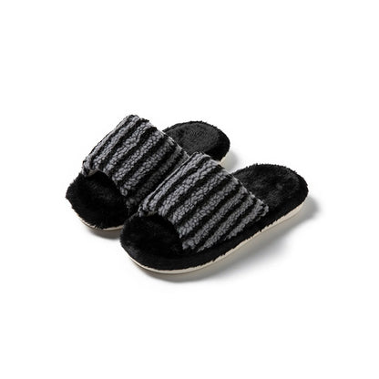 Pair of Black and Grey striped fuzzy slides isolated on white background - RoomDen