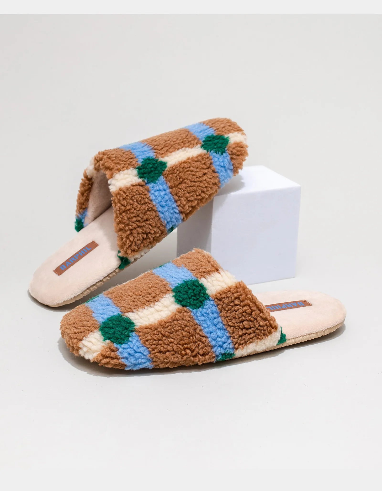 Side view of Brown and Blue Plaid Sherpa Slipper with beige sole - RoomDen