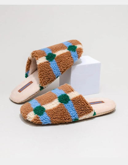Side view of Brown and Blue Plaid Sherpa Slipper with beige sole - RoomDen