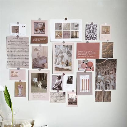 Full view of the aesthetic wall collage kit on a white wall, highlighting the warm, neutral color palette - RoomDen.