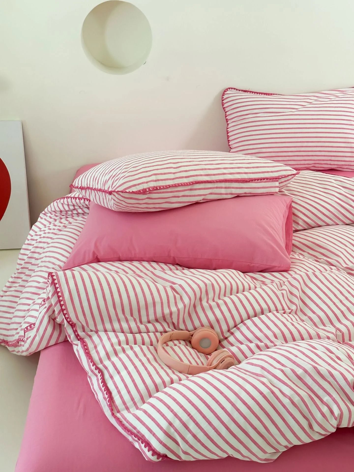 Detail of Soft Washed Cotton Texture in Red and White Stripes - RoomDen
