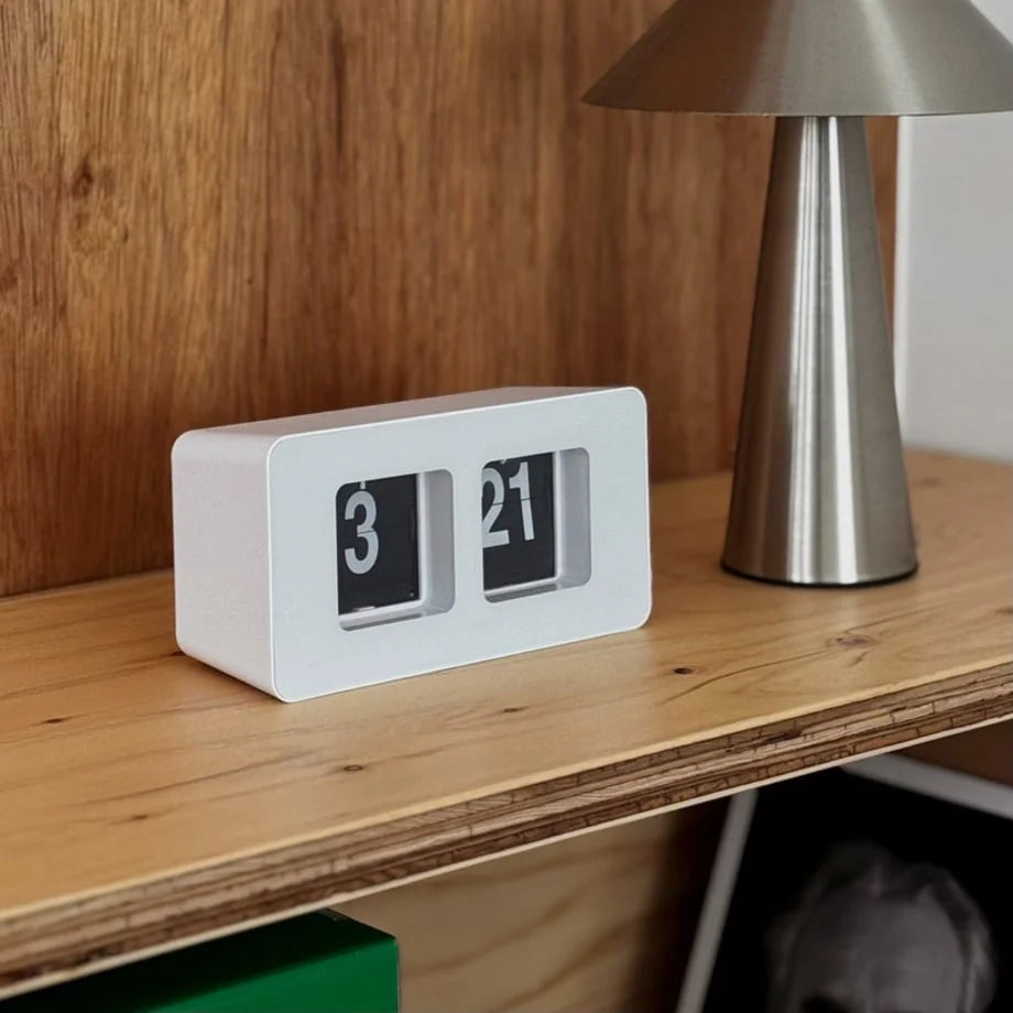 Detailed view of the white minimalist automatic flip clock. - RoomDen