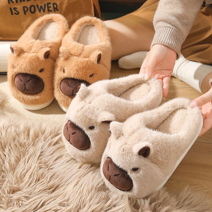 Cocoa Brown and Creamy Beige Capybara plush slippers side by side RoomDen