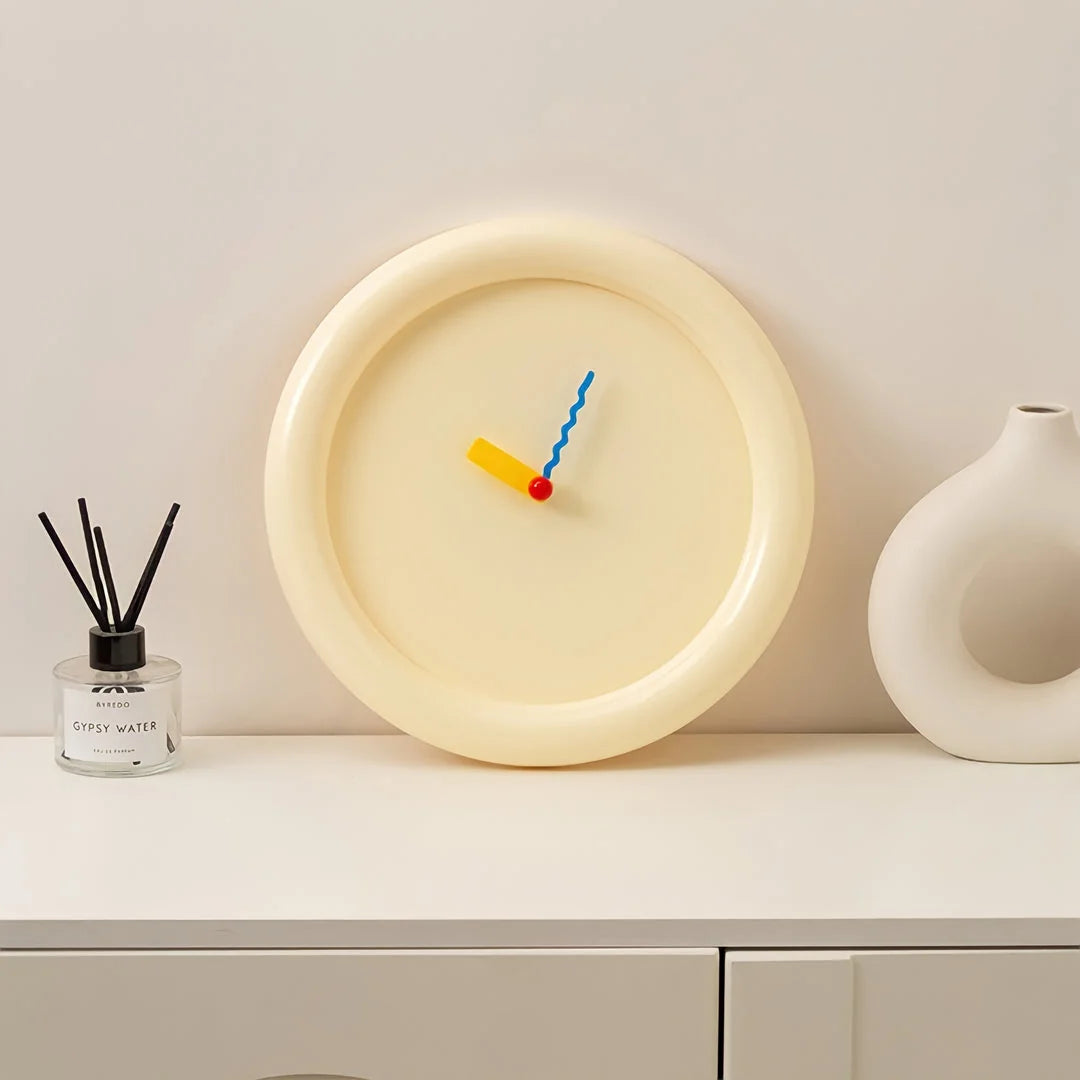 Chunky Frame Colorblock ABS Wall Clock in Creamy Beige on a white shelf - RoomDen