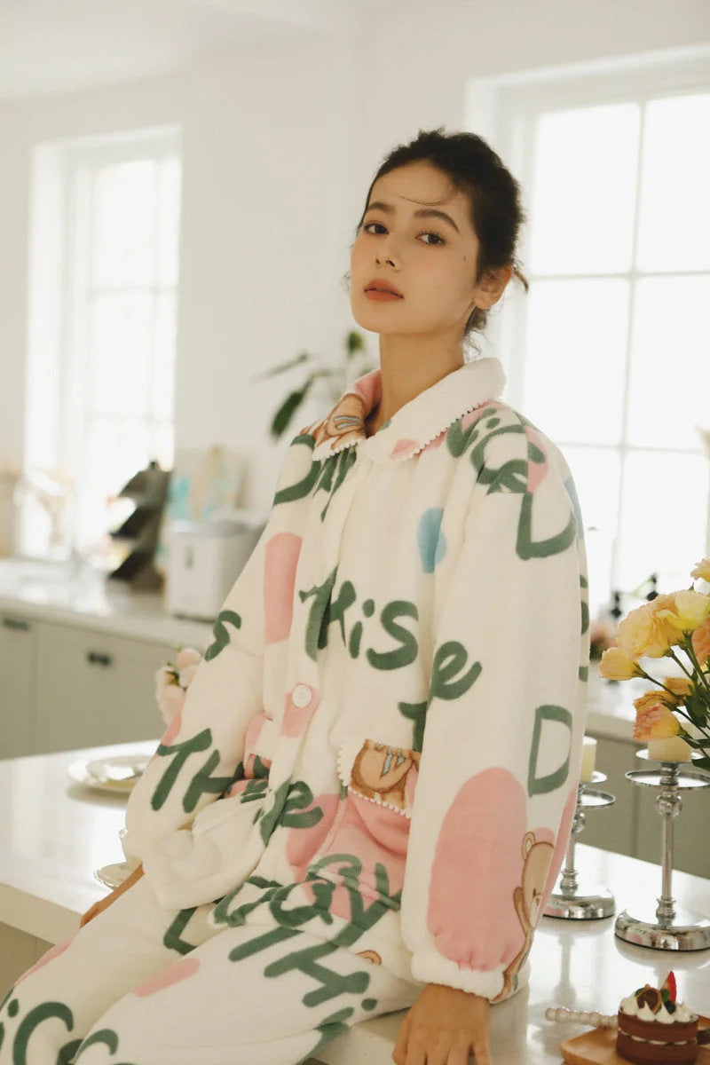 Lifestyle Shot of Cozy White Fleece Pajama Set in Kitchen Setting - RoomDen
