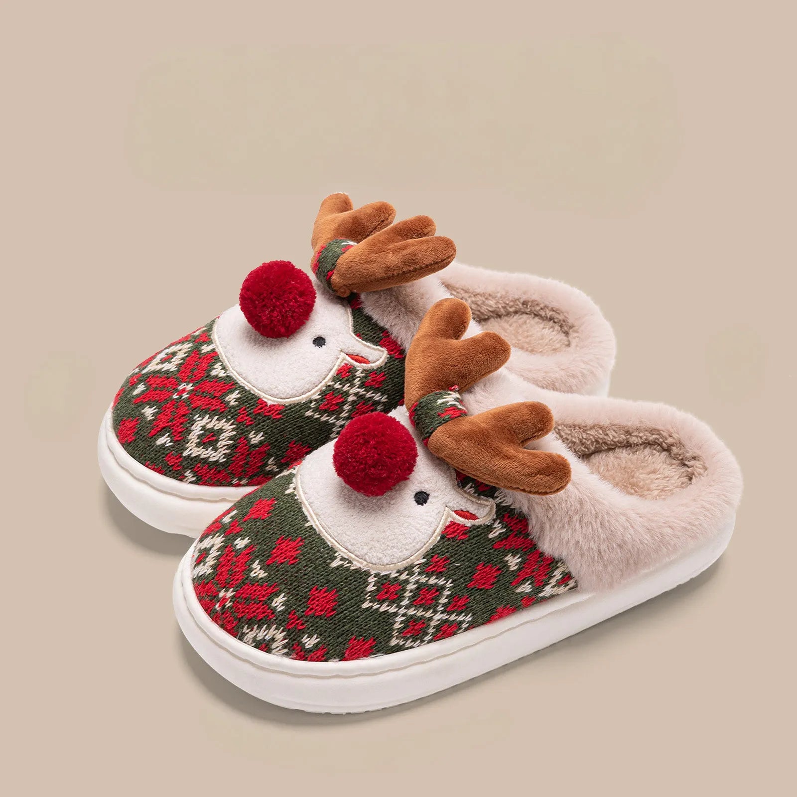 Green Reindeer Slipper Angled View on Floor - RoomDen