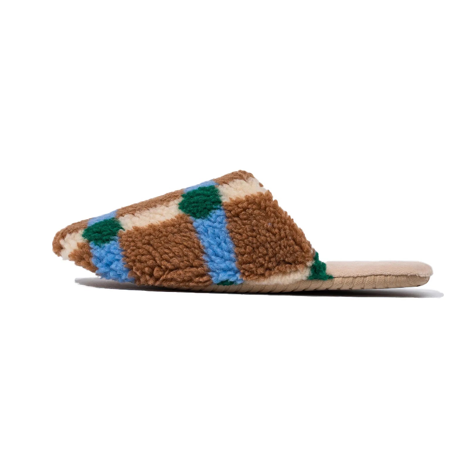 Profile view of Brown Checkered Sherpa Slipper showing plush lining - RoomDen