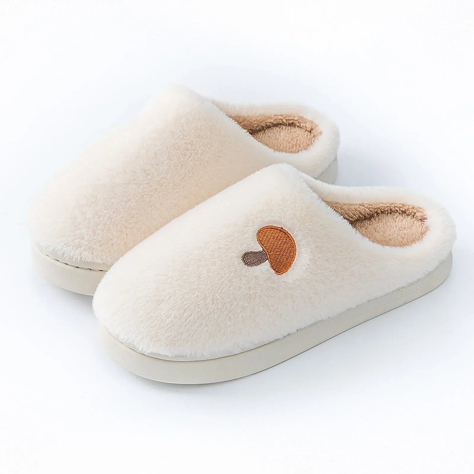 White Plush Mushroom Embroidered Fleece House Slippers studio shot on white background - RoomDen