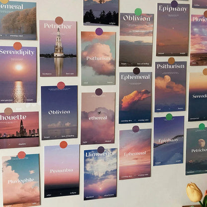 Detailed view of the aesthetic wall collage kit featuring cards with words like 'Oblivion' and 'Psithurism' - RoomDen