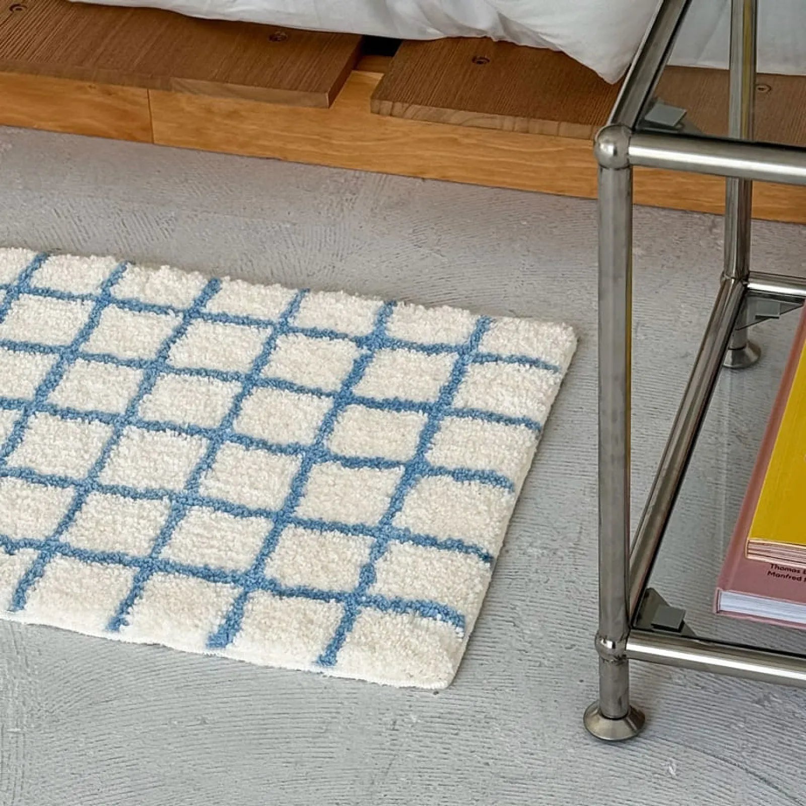 Top Down Flat Lay of Rectangular Blue and White Checkered Rug - RoomDen