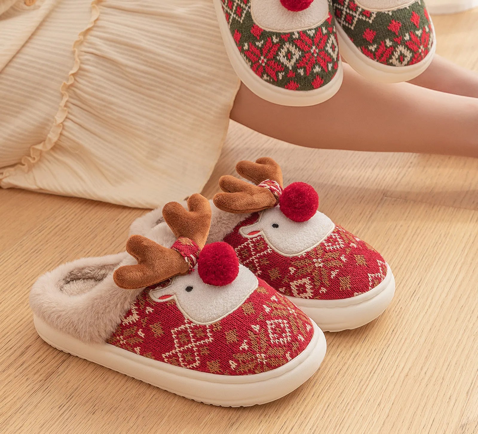 Red Reindeer Slipper Side View with Plush Lining - RoomDen