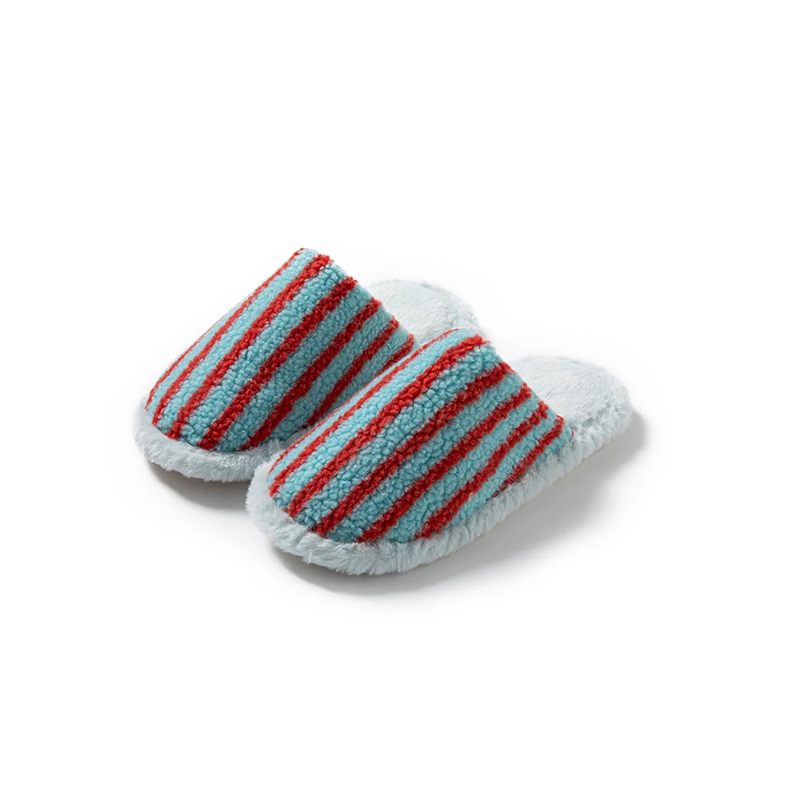 Pair of Cyan and Red striped fuzzy house slippers isolated on white - RoomDen