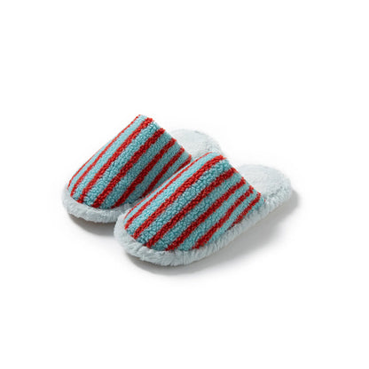Pair of Cyan and Red striped fuzzy house slippers isolated on white - RoomDen