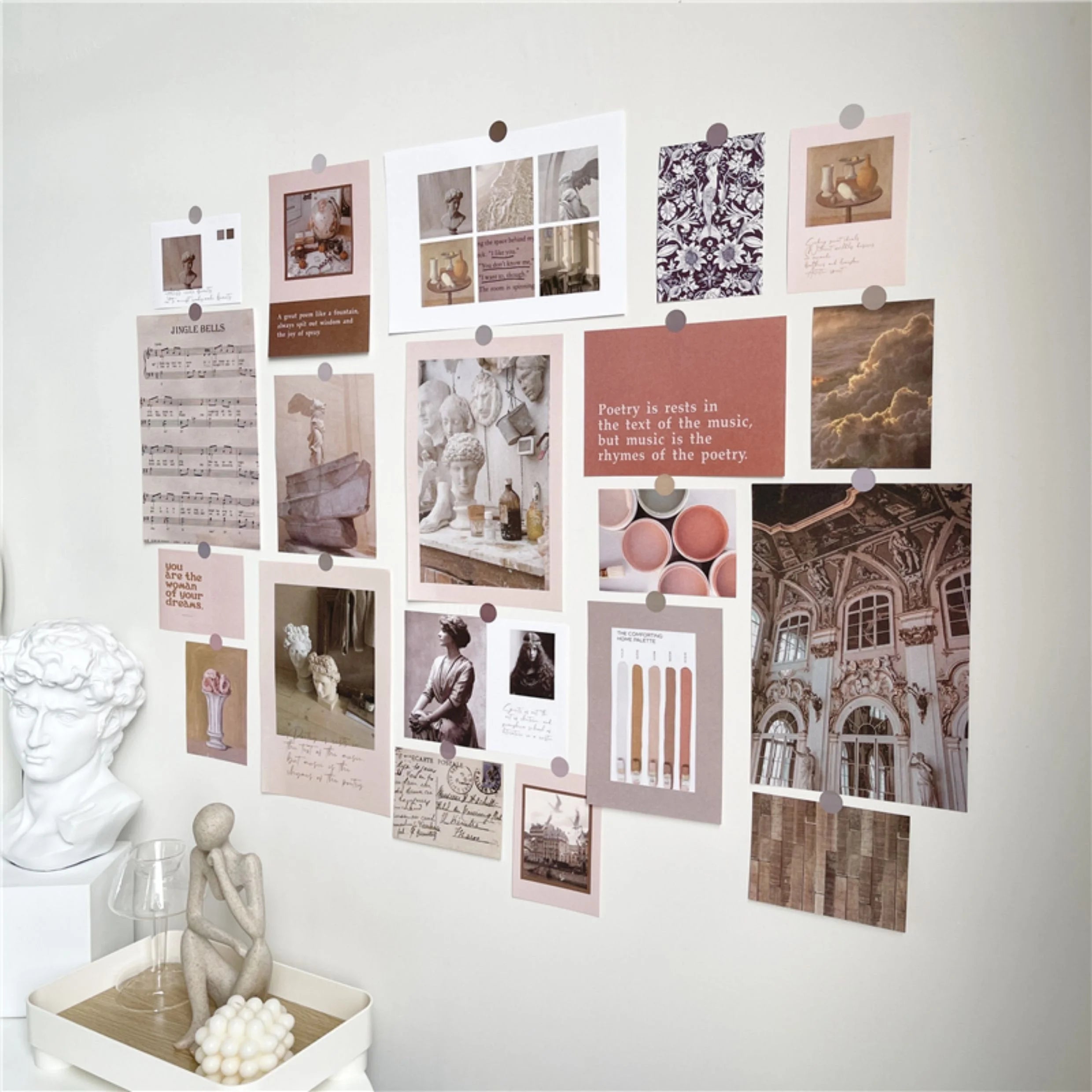 The full Dark Academia wall collage kit arranged neatly, with a David bust sculpture adding to the aesthetic.