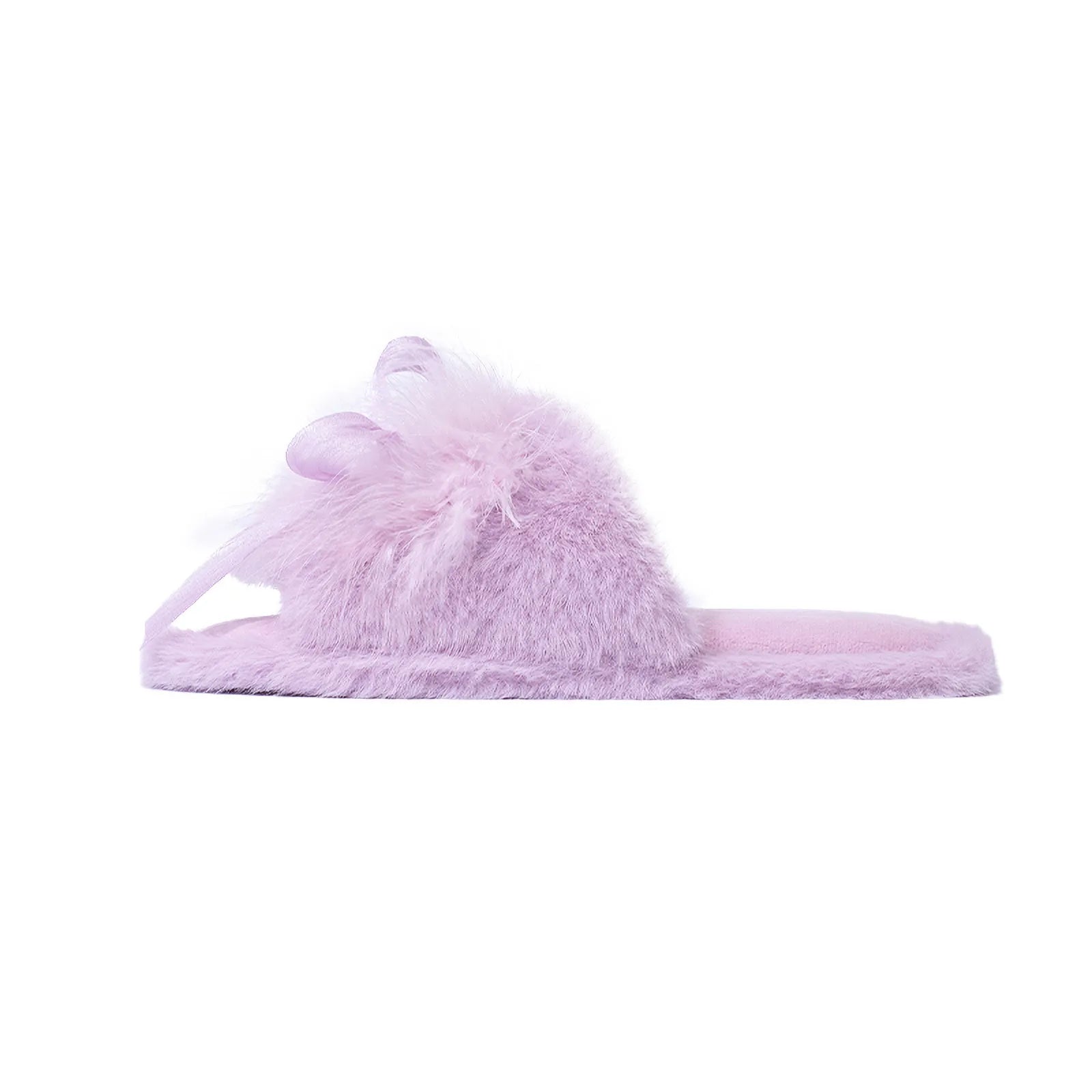 Side profile of Lilac Purple fuzzy slippers showing sole thickness