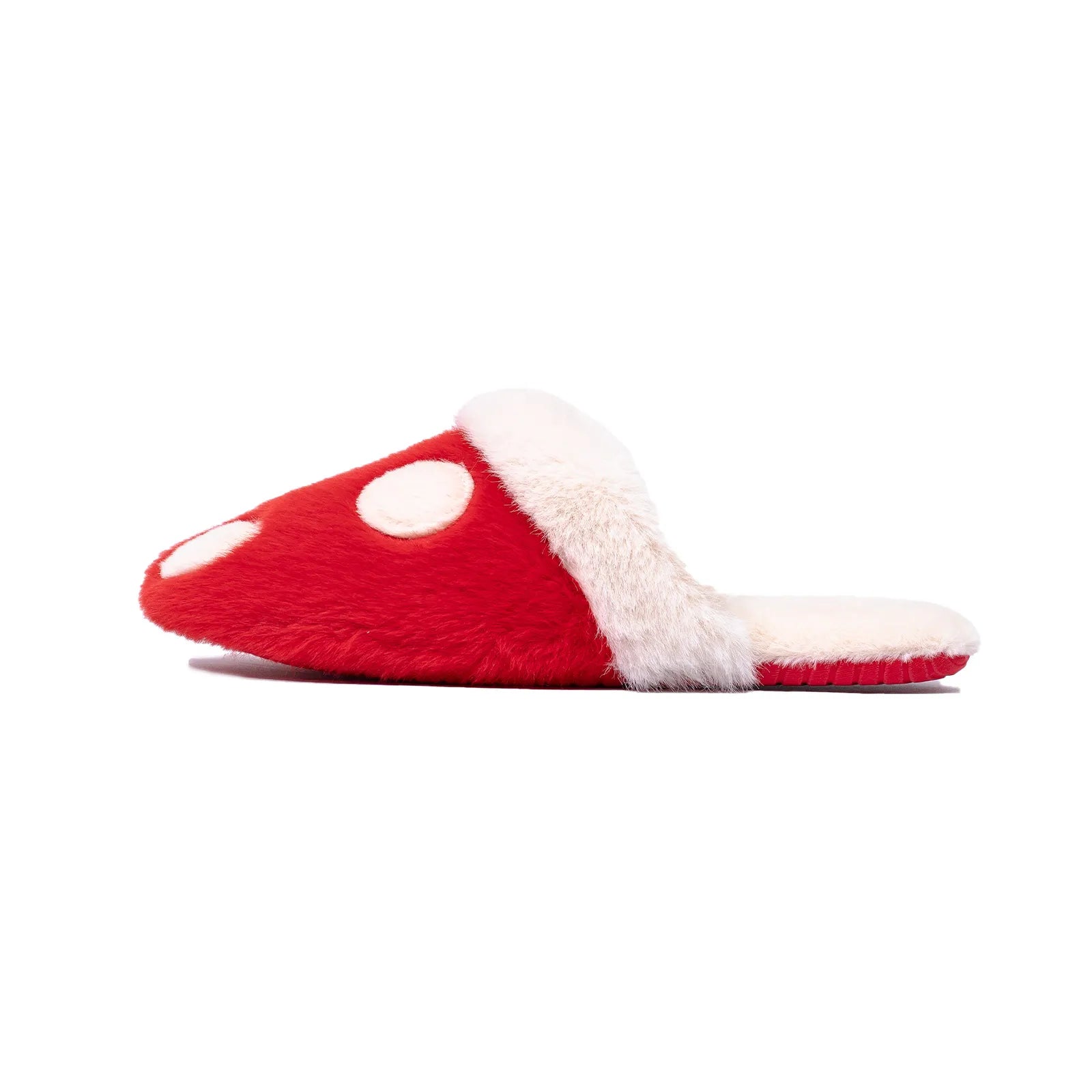 Side profile of red polka dot faux fur slipper - RoomDen