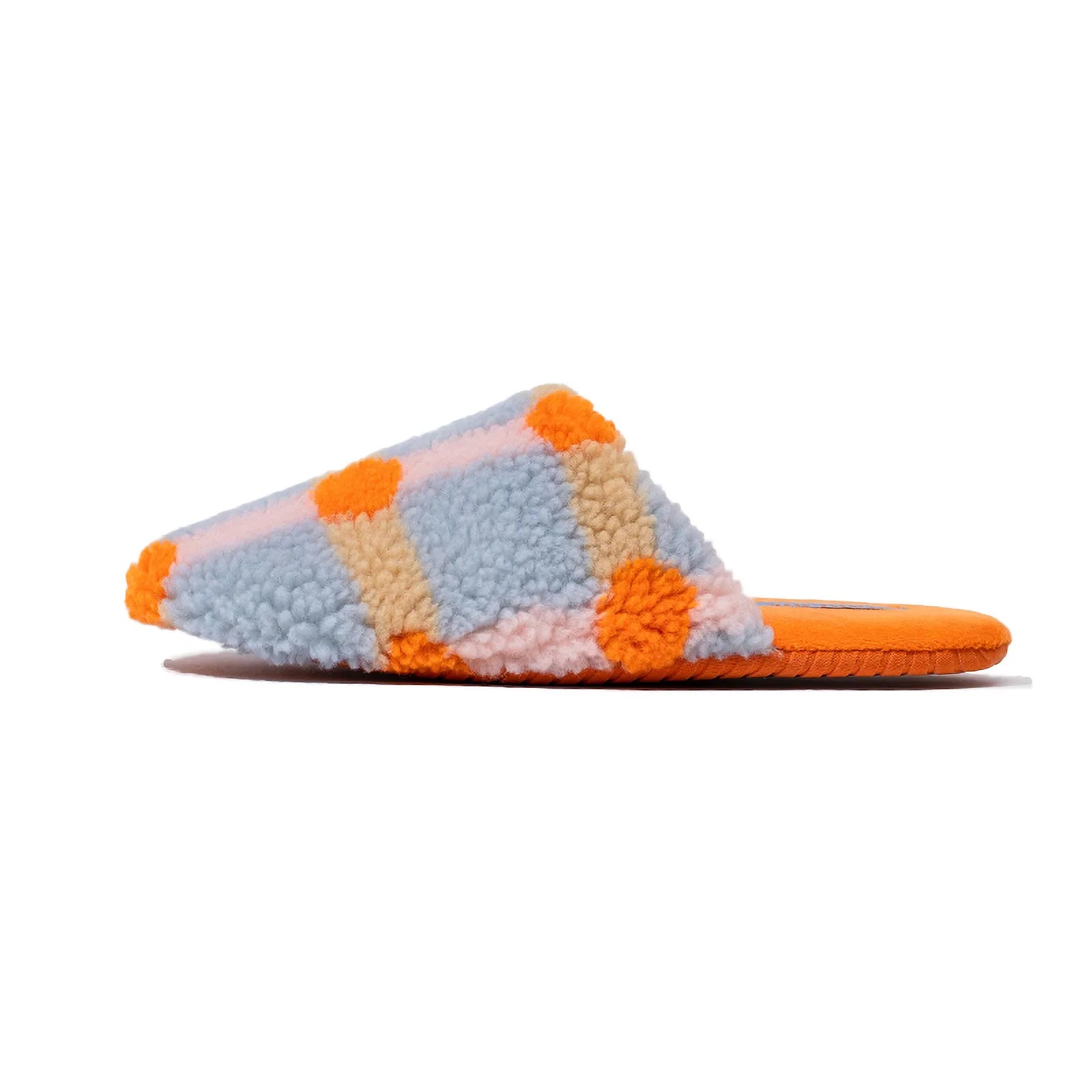 Profile view of Orange Checkered Sherpa Slipper showing vibrant colors - RoomDen