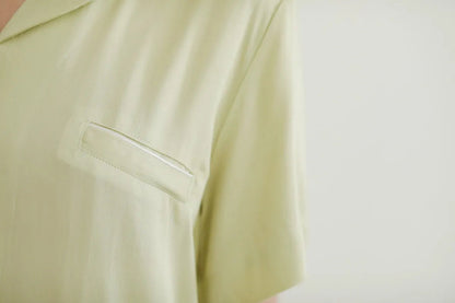 Chest pocket detail on Sage Green sateen shirt
