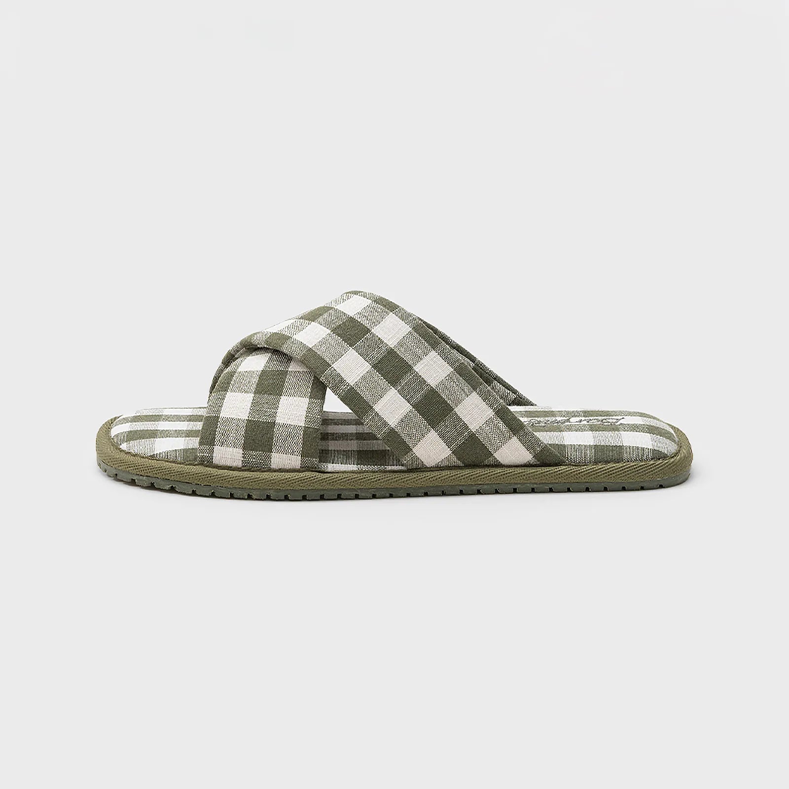 Side profile view of Green Gingham Cotton House Slippers - RoomDen