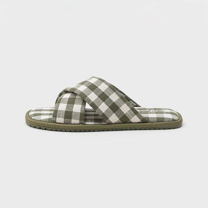 Side profile view of Green Gingham Cotton House Slippers - RoomDen