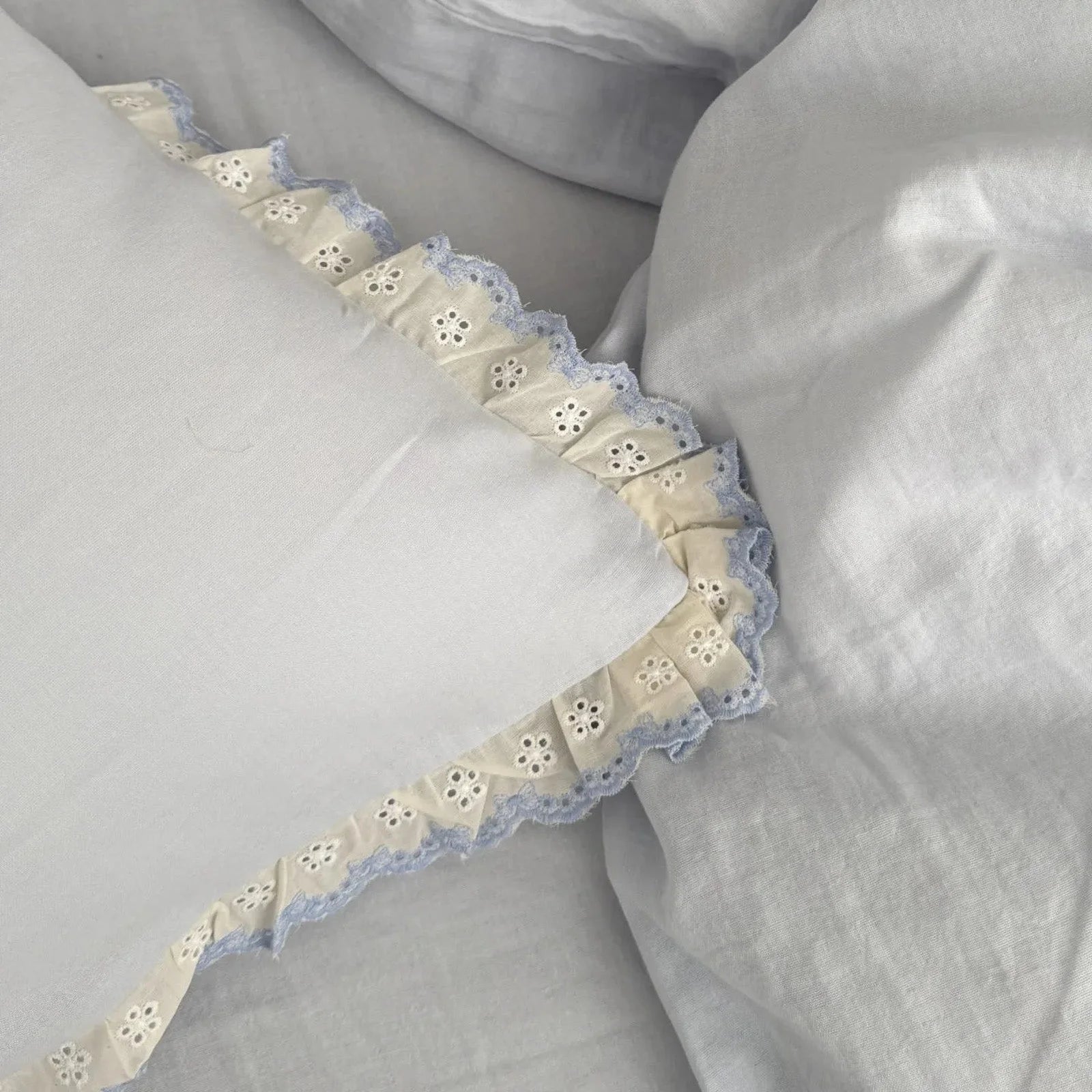 Macro shot of the corner of a pillowcase, highlighting the intricate eyelet embroidery and ruffle detail of the bedding set.