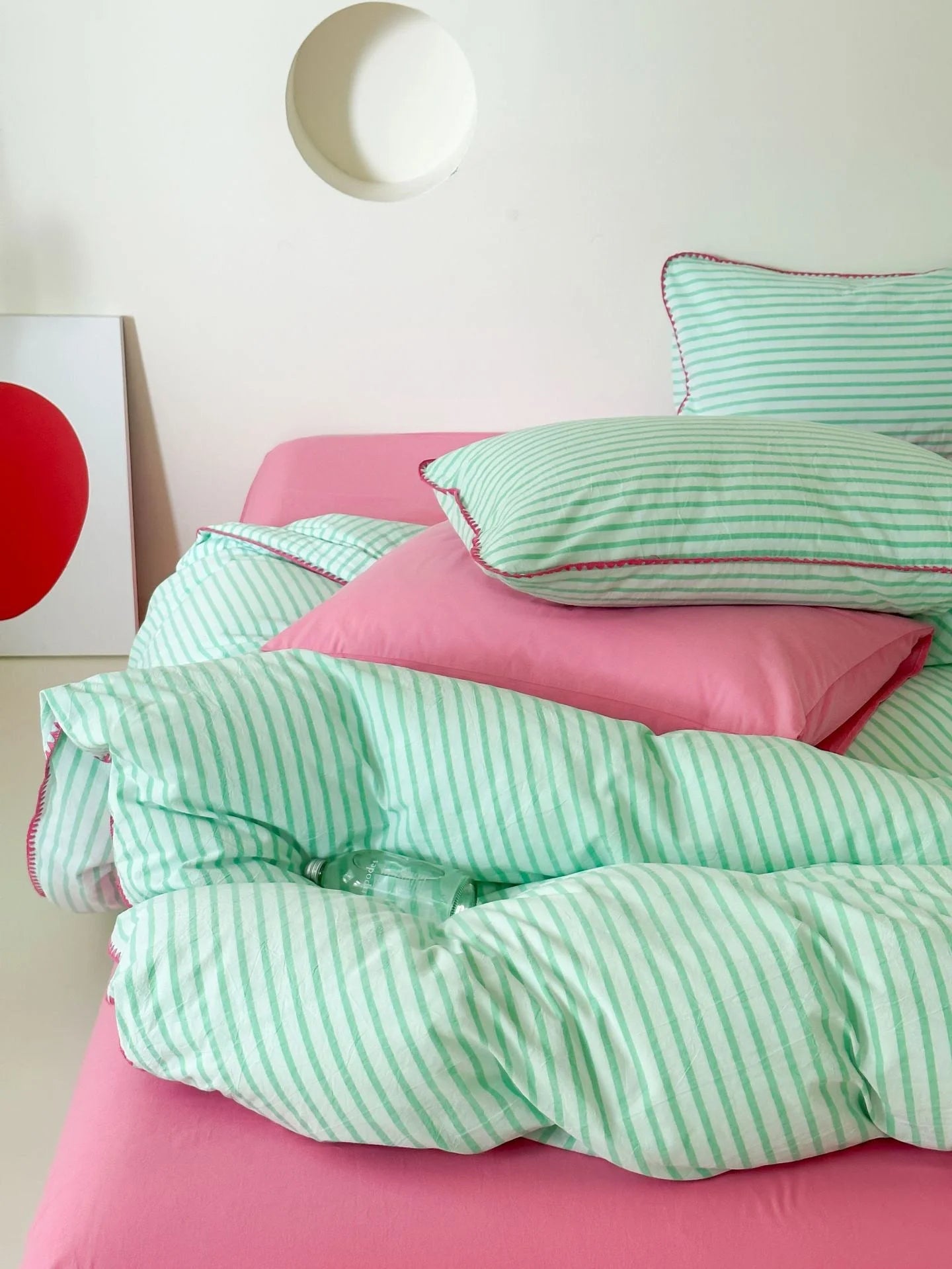 Close up of Mint Green Stripes and Pink Embroidery - RoomDen