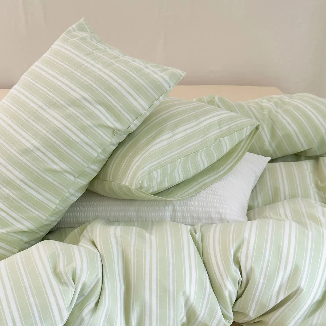 Soft Layers of Sage Green Striped Bedding Set - RoomDen
