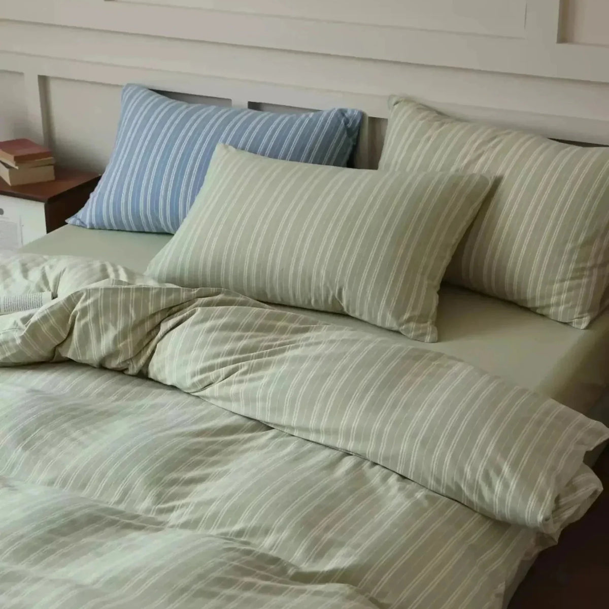 Denby striped jersey cotton bedding set in sage green, view 8