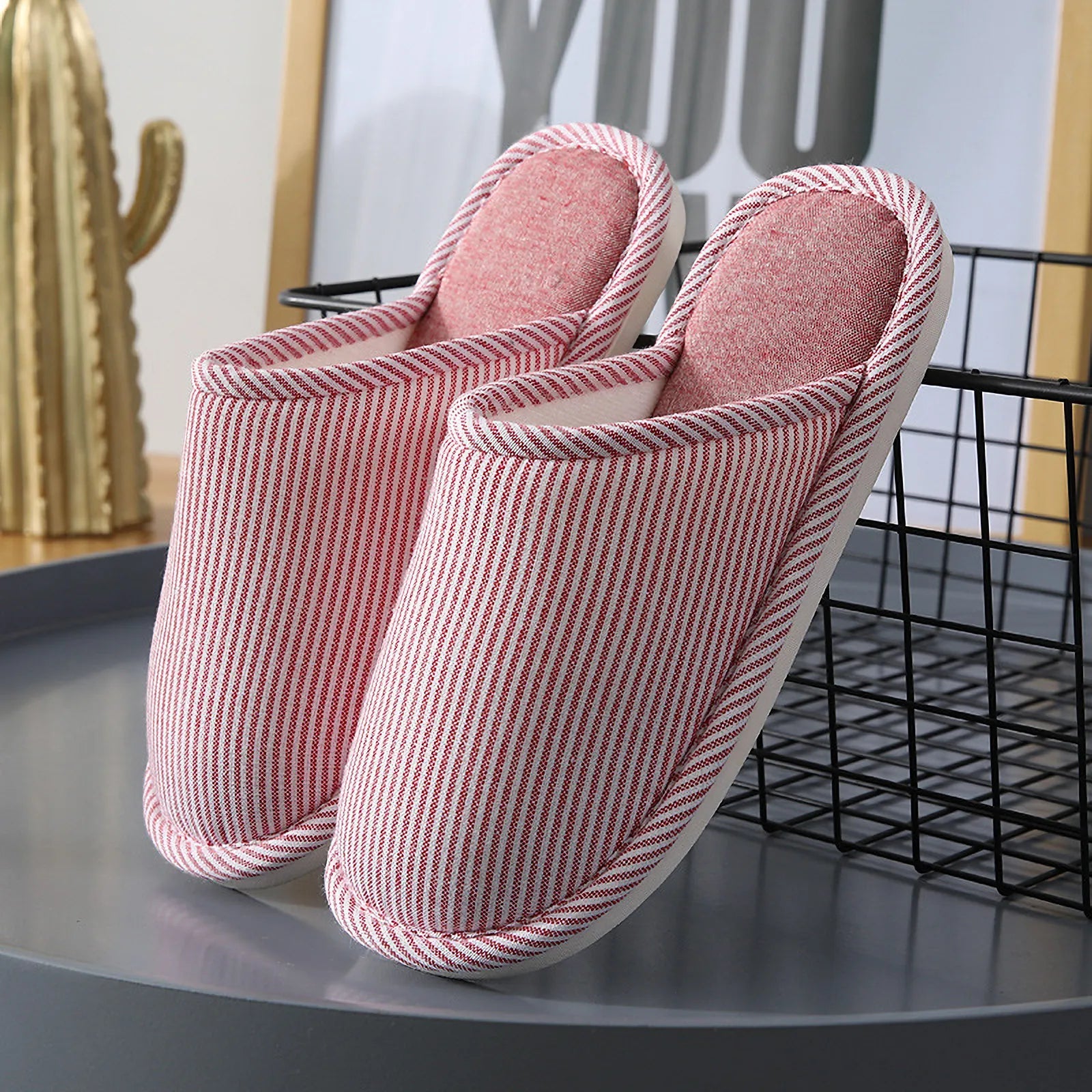 Close up detail of Red and White Striped Cotton House Slippers texture - RoomDen