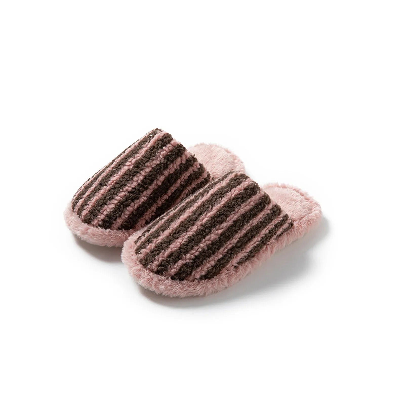Pair of Brown and Pink striped shaggy house slippers isolated on white - RoomDen