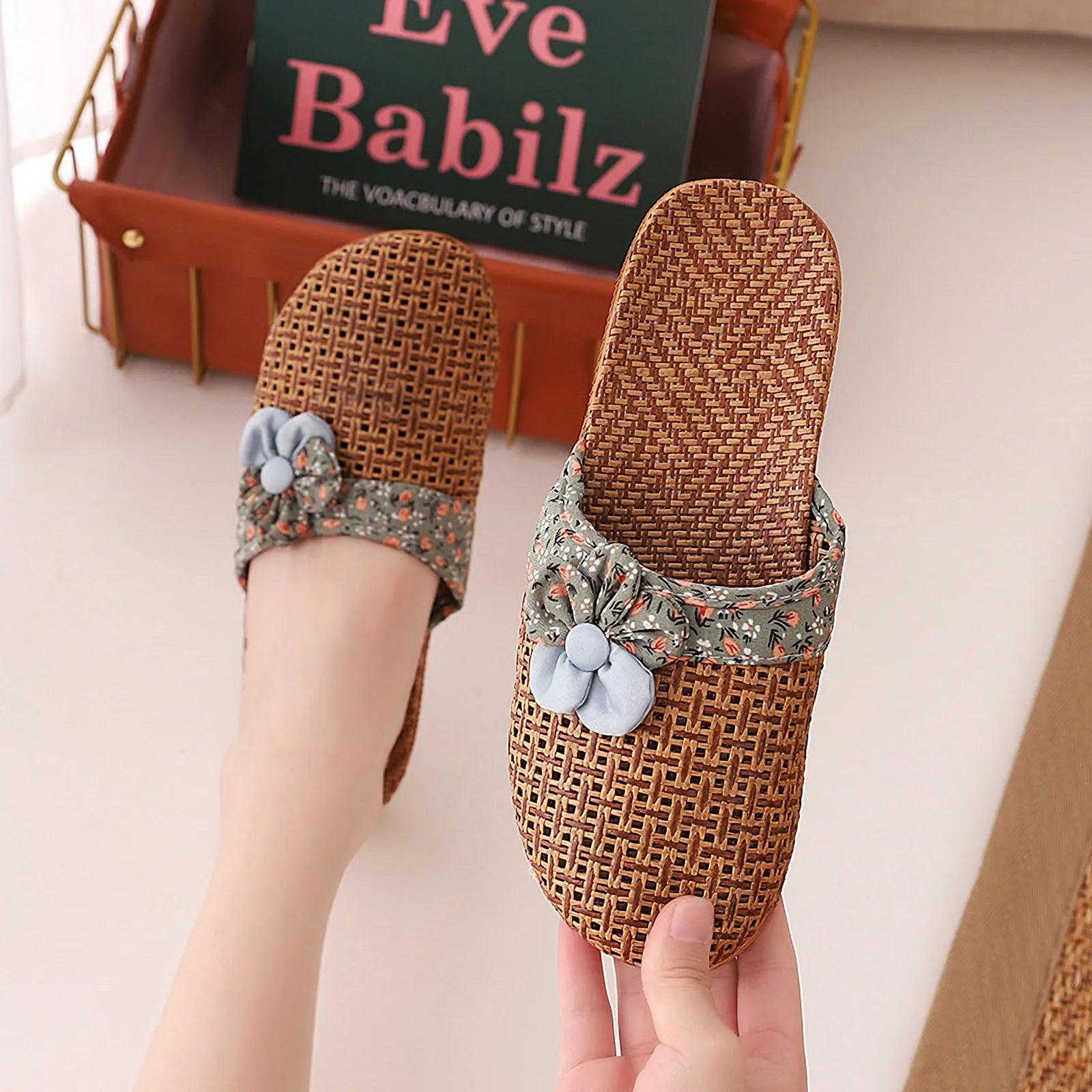 Hand holding Sage Green Floral Natural Rattan House Slipper - RoomDen