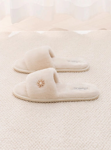 Plush Jeweled Flower Faux Fur House Slippers