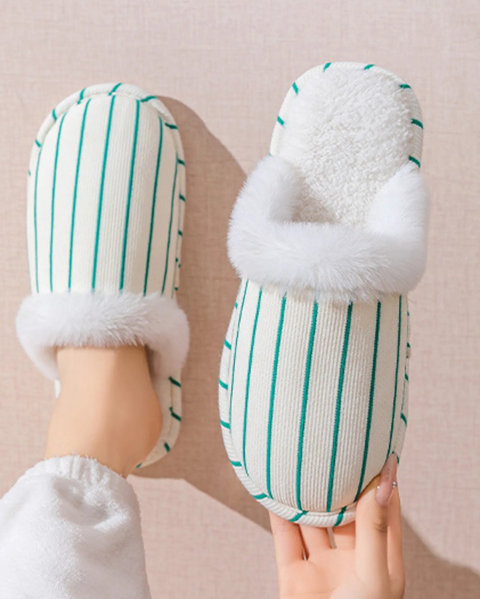 Top view of Green and White striped slippers worn on feet - RoomDen