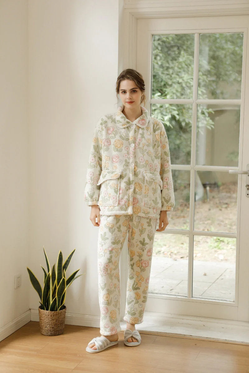 Full length standing view of beige floral flannel fleece pajama set - RoomDen