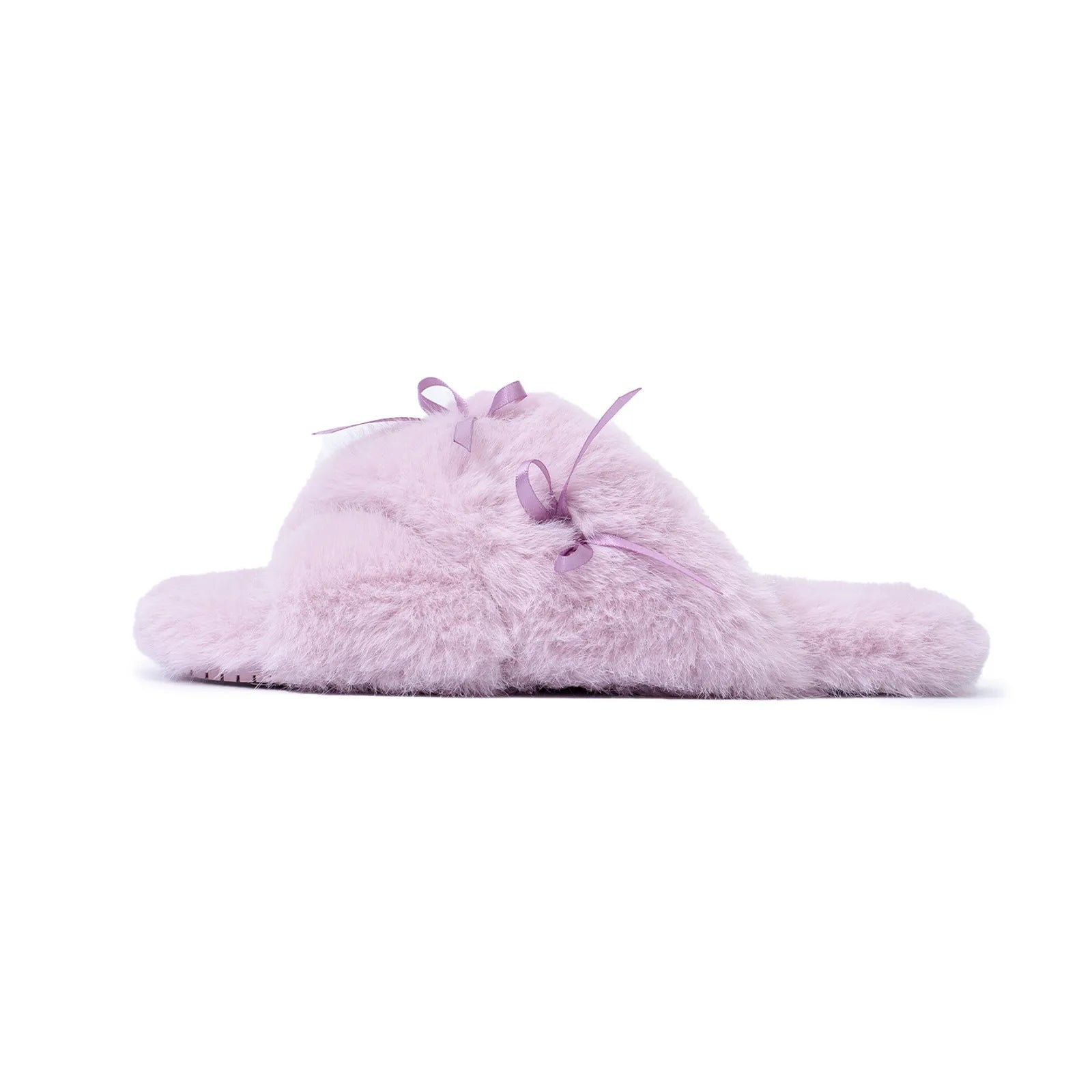 Side profile of lilac purple plush slipper with satin bow - RoomDen