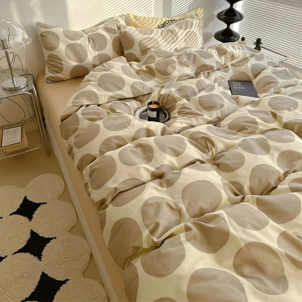 Beige Polka Dot Washed Cotton Bedding Set Main View - RoomDen