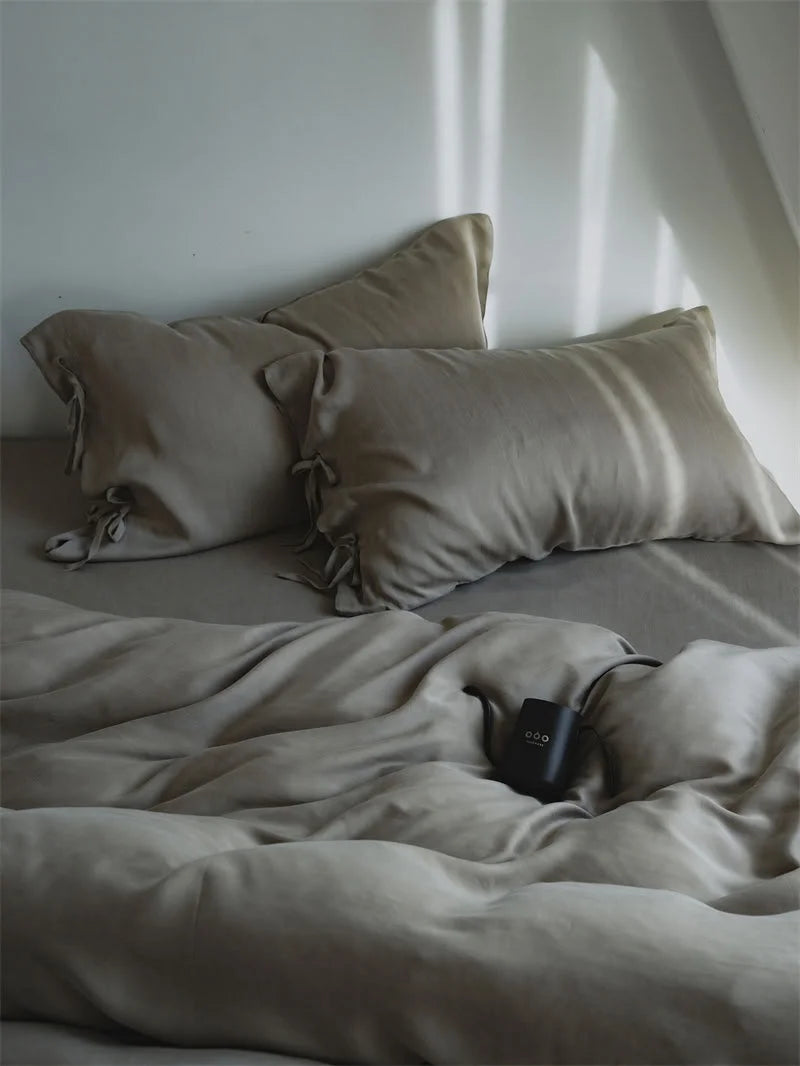 Silky Soft Tie Closure Tencel Bedding Set in Misty Grey, showing its cool, neutral tone - RoomDen