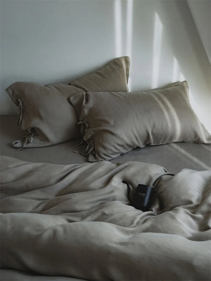Silky Soft Tie Closure Tencel Bedding Set in Misty Grey, showing its cool, neutral tone - RoomDen