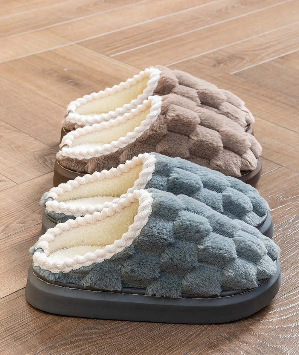 RoomDen Plush Textured Cube Faux Fur House Slippers in White, Brown, Grey, and Blue - Main Group Shot