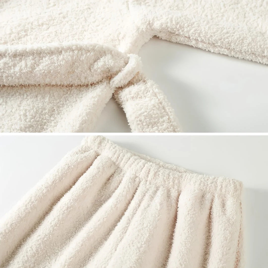 Detail shots of the creamy white fleece pajama set, showing the belted waist and the elastic waistband of the pants - RoomDen.