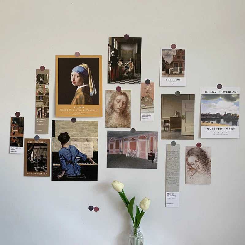 Renaissance Mood wall collage kit variant with classic portraits like "Girl with a Pearl Earring" for a Dark Academia style - RoomDen.