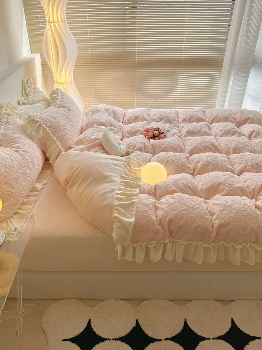 Side view of the Pastel Pink Flannel Fleece Bedding Set, emphasizing the ruffle trim along the duvet cover - RoomDen.