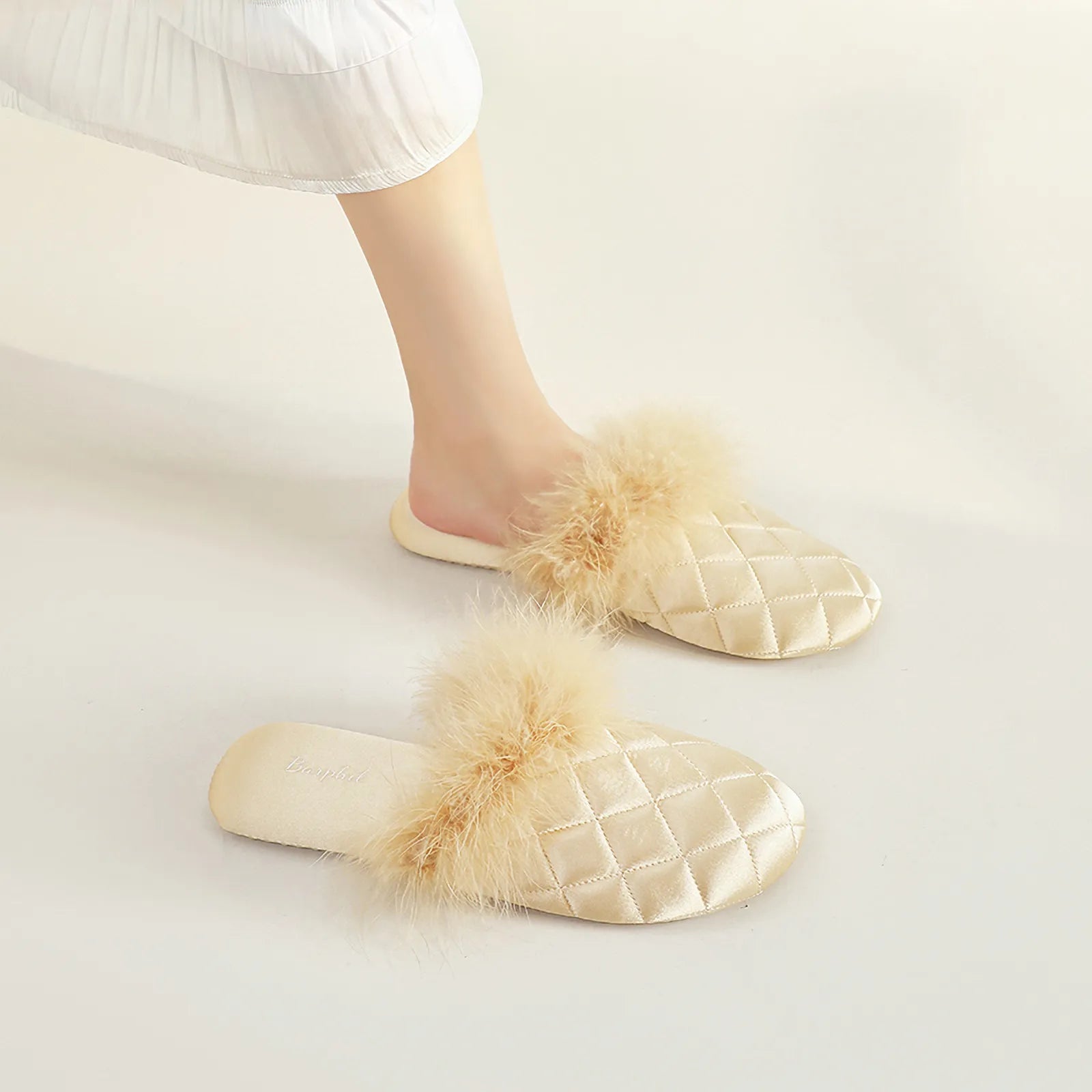 Cream beige satin house slippers with feathery trim on legs - RoomDen