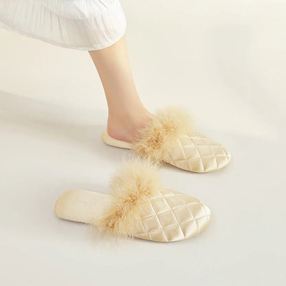 Cream beige satin house slippers with feathery trim on legs - RoomDen