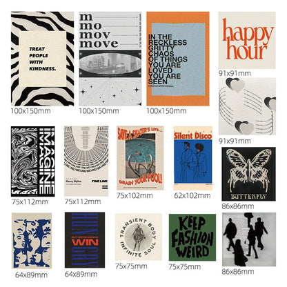 All 16 posters from the Indie Wall Collage Kit laid out with their individual dimensions in millimeters listed below each print - RoomDen