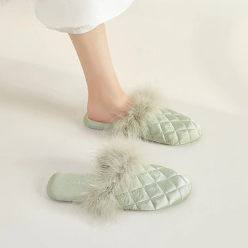 Plush Feathery Quilted Satin House Slippers
