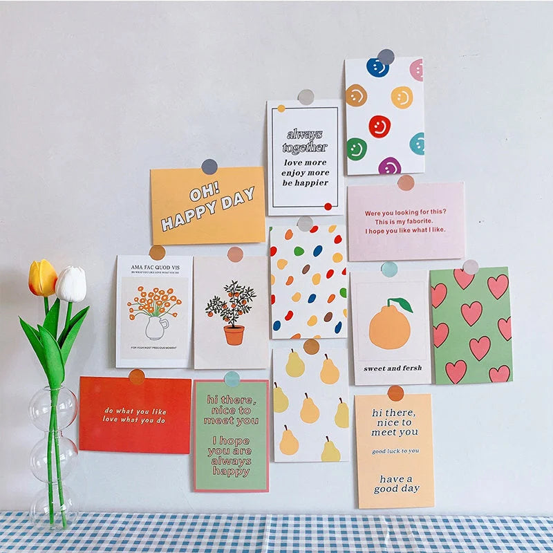 Full view of the 13-piece aesthetic wall collage kit arranged on a wall, creating a cheerful and personalized display - RoomDen