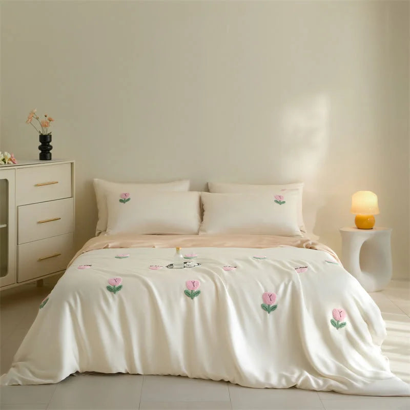 Full bedroom view of the Cream & Pink Tufted Doodle Flower Tencel Bedding Set. - RoomDen