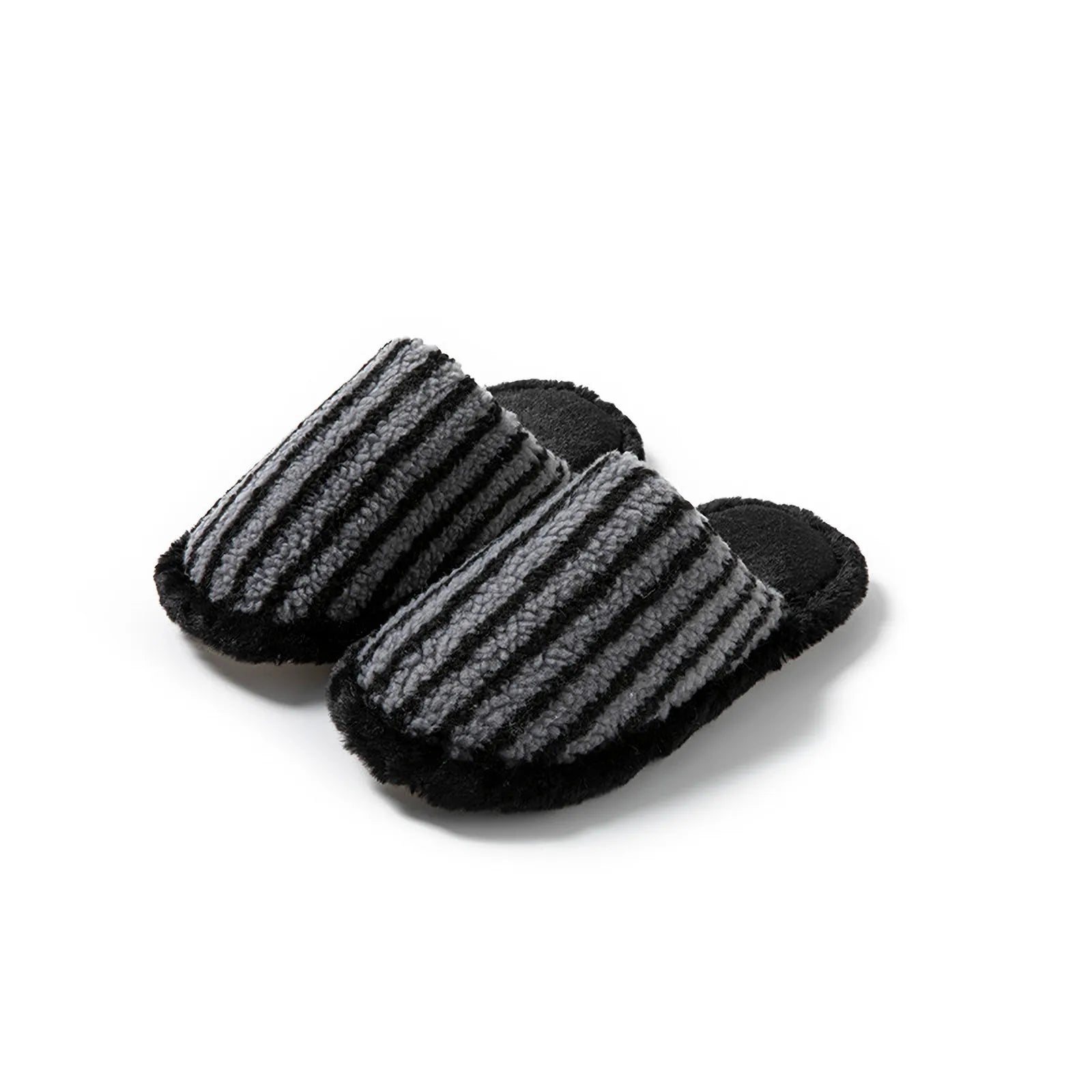 Pair of Black and Grey striped plush slippers showing black faux fur lining and sole - RoomDen