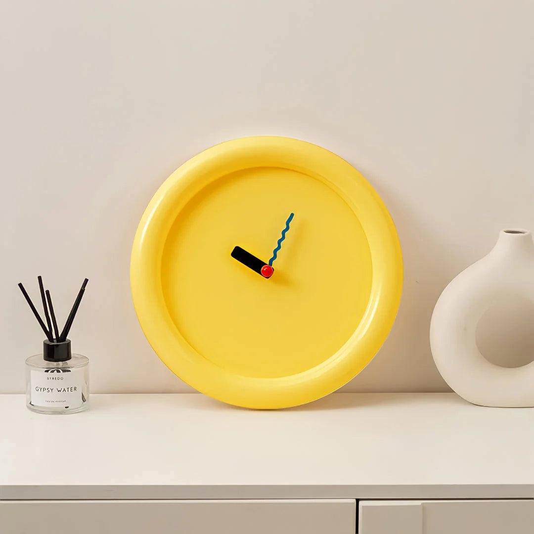 Chunky Frame Colorblock ABS Wall Clock in Sunshine Yellow on a white shelf - RoomDen
